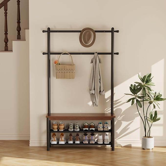 Coat Rack with Shoe Storage, Wood and Metal Frame, Entryway Hall Tree with Bench, Featuring 11 Hooks and 2-Tier Storage Shelves, 3-in-1, Entry Bench with Coat Rack (39.4" Walnut) - Image 8