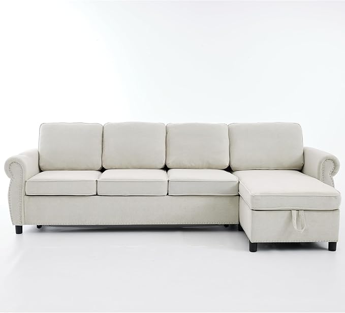 ERYE L-Shaped Reversible Sectional Sofa with Pull Out Queen Memory Mattress Sleeper Bed, 2-in-1 L-Shaped Corner Sectional Couches W/Wireless Charging, Storage Chaise Lounge
