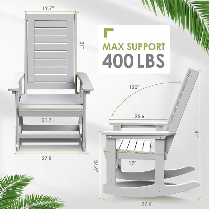 GREENVINES Outdoor Rocking Chairs | Set of 4 | Porch Rocker | HDPE Plastic | White | Oversized Rockers | High Back | Big & Tall | Ladder Back | for Patio Outside Backyard Balcony Garden - Image 3