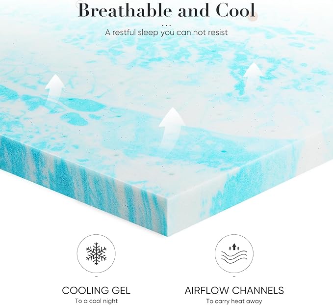 DUMOS Mattress Toppers Memory Foam Queen Size, 4 Inch Thick Bed Topper Pad Cooling Gel Infused Soft Comfy Breathable for Sleeper Sofa Couch RV Camper, CertiPUR-US Certified, Blue