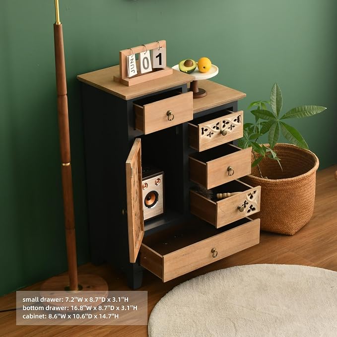Ahokua Farmhouse Accent Chest with Carved Door and 5-Drawers, Vintage Storage Cabinet Modern Dresser for Living Room, Entryway, Hallway, Multi-Drawer Organizer, Natural and Deep Blue - Image 4