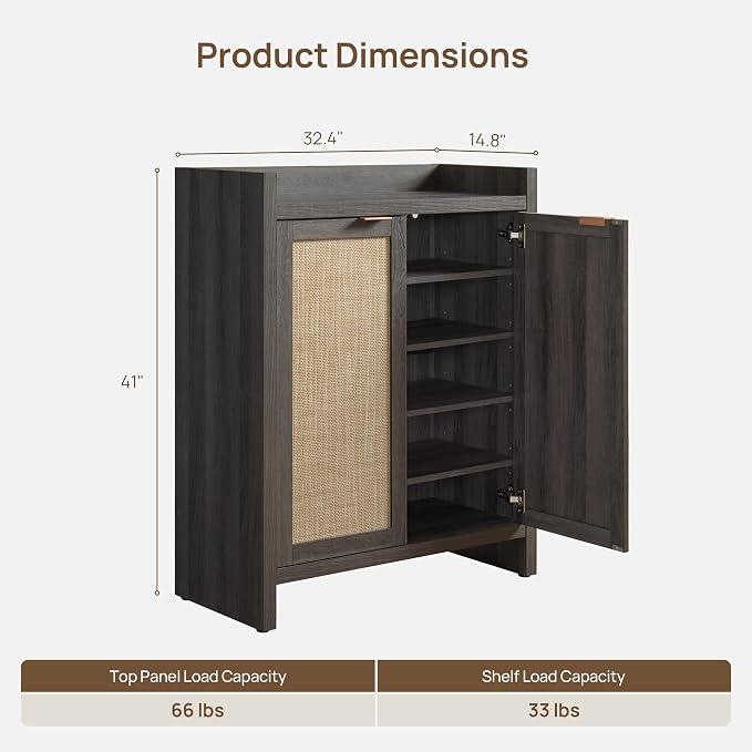 SICOTAS Shoe Cabinet Set of 2, Large Capacity Shoe Storage Organizer Cabinet, Tall Rattan Shoe Cabinet with Doors and Shelves, 6-Tier Farmhouse Boho Wooden Storage Cabinet for Entryway, Black Oak - Image 2