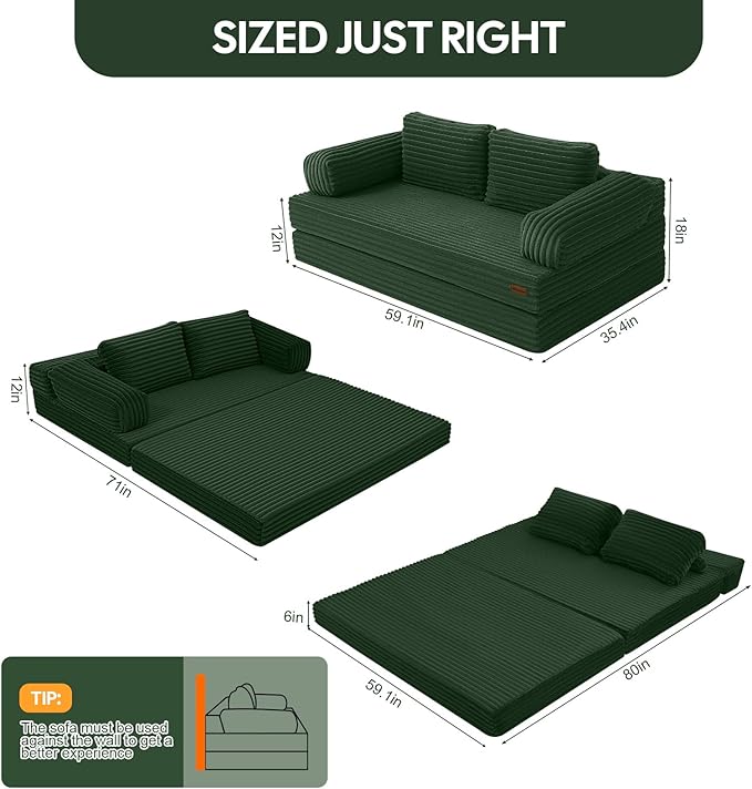 MeMoreCool Convertible Sofa Bed, Folding Floor Couch Bed Queen, Pull Out Sleeper Couch with Pillows, Fold Out Futon Sofa for Bedroom Living Room Small Space, Corduroy Beige