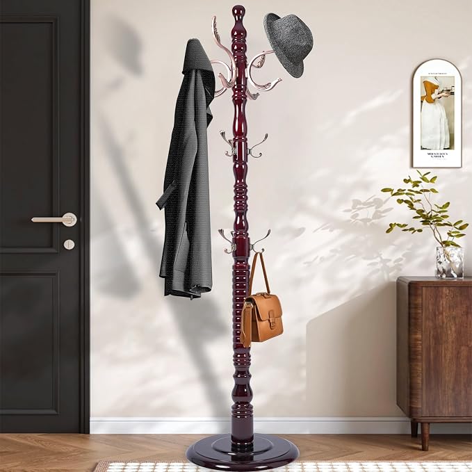 73'' Vintage Coat Racks Freestanding with 20 Metal Hooks, Solid Wood Coat Rack Hanger Stand with 3 Adjustable Size, Heavy Duty Coat Rack Tree for Entryway, Bedroom, Hallway, Office, Apartment by PZDJUMO