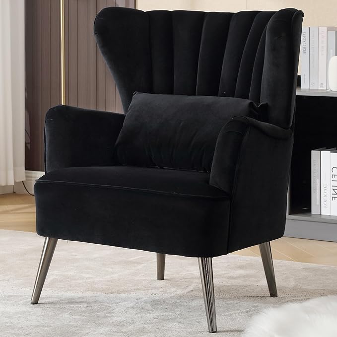 Modern Accent Chair Comfy Wingback Armchair with Pillow Upholstered Shell Chair Reading Chair for Bedroom, Living Room,Dressing Room,Small Spaces Black