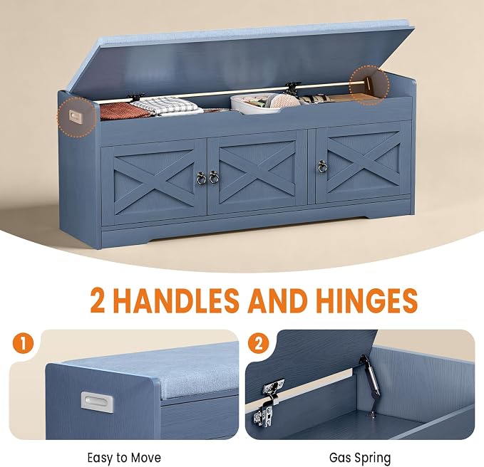 Farmhouse Shoe Storage Bench with Cushion Seat, 3-Tier Entryway Bench with Lift Top Storage and Adjustable Shelf, Bench for Hallway, Bedroom, Blue - Image 8