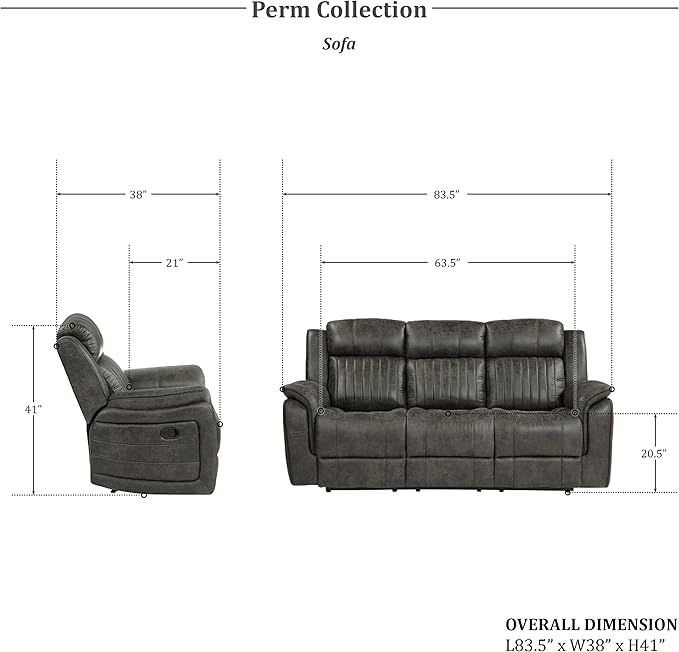 Lexicon Recliner Living Room Set, Home Theater Seating, Manual Polished Microfiber Upholstery Sofas, RV Couch Including Double Recliner Sofa and Loveseat, 2-Piece Set, Brownish Gray