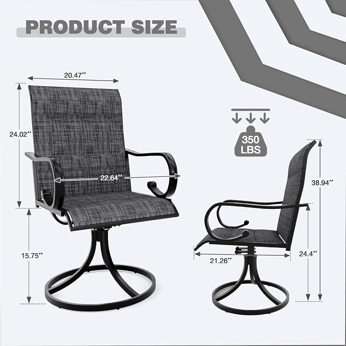 MELLCOM Patio Swivel Chair Set of 6, High Back Padded Textilene Outdoor Dining Chairs with E-Coating Metal Frame, All-Weather Outdoor Furniture Rocker for Backyard, Porch, Garden, Lawn, Grey - Image 3