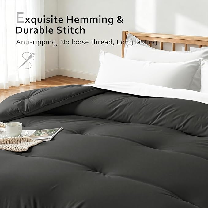 Comforters Twin Size, All Season Quilted Bed Comforter, Ultra-Soft Down Alternative Duvet Insert with 4 Tabs, Lightweight Bedding Blanket - Machine Washable, Dark Gray