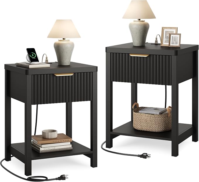Lulive Night Stand Set 2, Fluted Nightstand with Charging Station, Wood Modern Bedside End Table with Storage Drawer for Bedroom, Save Space (Set of 2, Black) by Lulive