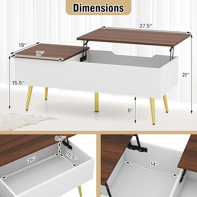Tangkula Lift Top Coffee Table, Mid Century Modern Center Table with Split Top & 2 Hidden Compartments, Rectangle Accent Table with Tapered Metal Legs for Living Room (Walnut+White+Gold)