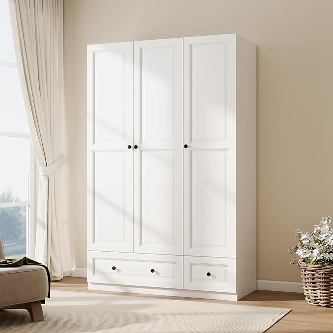 Armoire Wardrobe Closet with Drawer: Bedroom Wardrobe Closet for Hanging Clothes, Wood Cabinet for Clothes with Doors, Armoire with Shelves (White, 47")