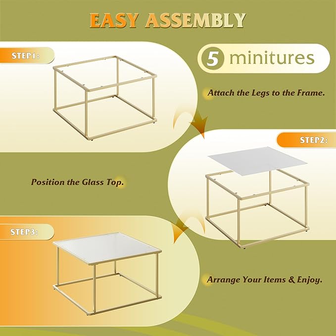 WLIVE Glass Coffee Table, Small Modern Coffee Table for Living Room with Wave Textured Glass & Metal Frame, Square Center Table for Small Spaces Apartment, Office, 26.4 x 26.4in, Gold
