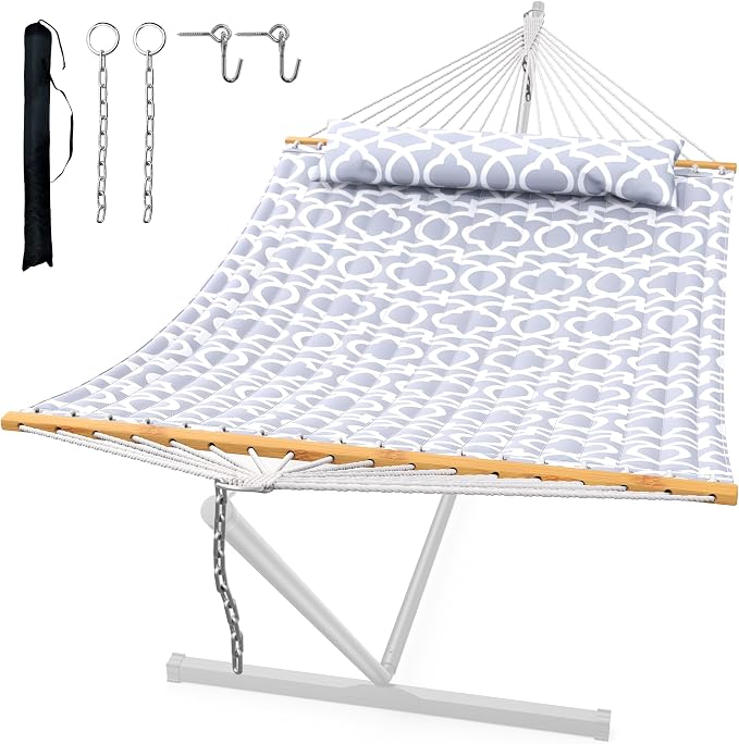 ANAGOO Double Quilted Outdoor Hammock for 2 Adults, 500lb Capacity Backyard & Camping Hammock with Pillow and Bamboo Spreader Bar, Fits 11–15ft Hammock Stands (Stand Not Included),Light Gray by ANAGOO