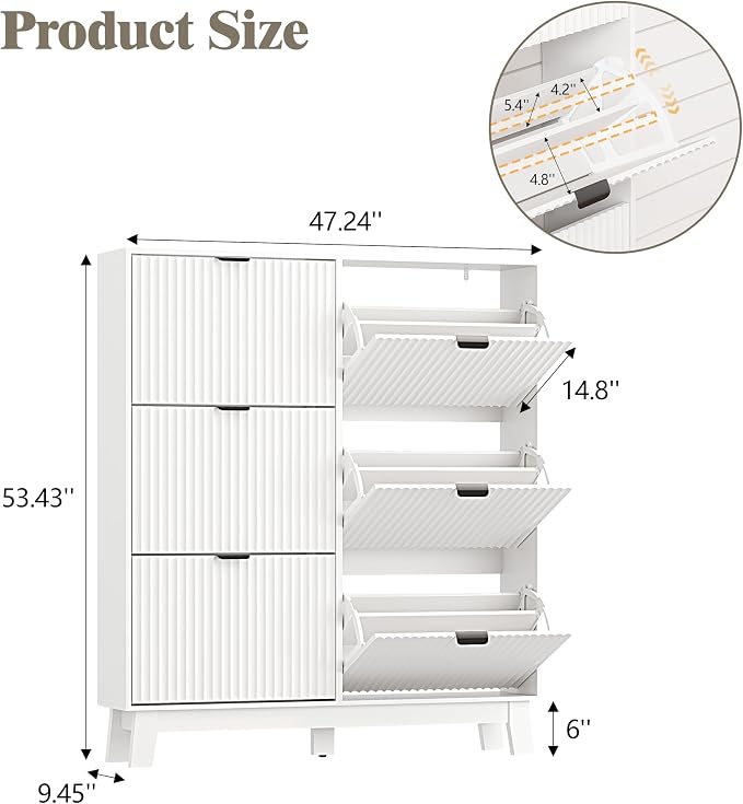 HUANLEGO Shoe Cabinet Storage for Entryway with 6 Flip Drawers, Fluted Narrow Shoe Organizer with Wooden Legs, Freestanding Slim Shoe Storage Hidden Shoe Rack Organizer for Front Door Entrance, White - Image 2