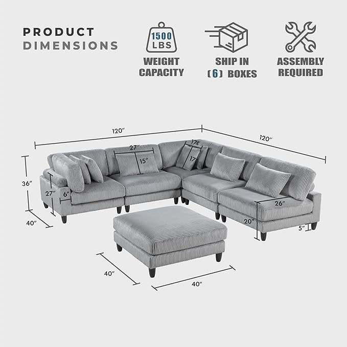 Lexicon 120 Inch Modular Sectional Sofa - Oversized 6 Seater Corduroy L Shaped Sectional Couch with Ottoman, 7 Accent Pillows, and Flexible Arrangement for Modern Living Rooms, Gray