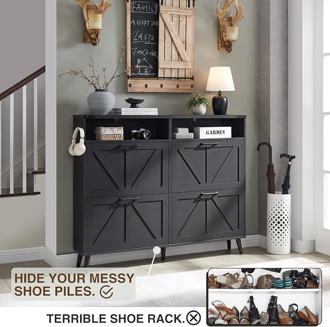 Shoe Storage Cabinet, Farmhouse Shoe Organizer with 4 Flip Drawers & Barn Door,Freestanding Hidden Slim Narrow Shoe Rack with Open Shelves for Entryway, Foyer, Hallway, Black - Image 3