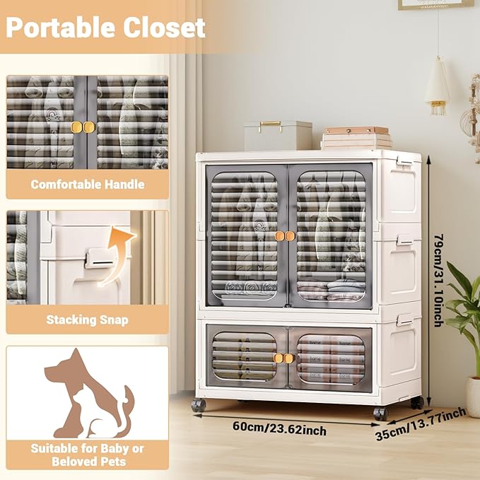 1 Pc Plastic Free Installation Baby Wardrobe Folding Storage Cabinet Multi-Layer Children's Small Wardrobe Household Clothes Storage Box Transparent Gray 60cm Wide Three-Layer with Wheels