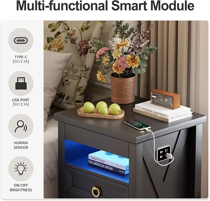 Farmhouse Nightstand Set 2 with Gun Drawer,Bedside Table with Charging Station and Human Body Senor,3 LED Lights Night Stand with 3 Drawers and Open Shelf,End Side Table for Bedroom(Black) - Image 5
