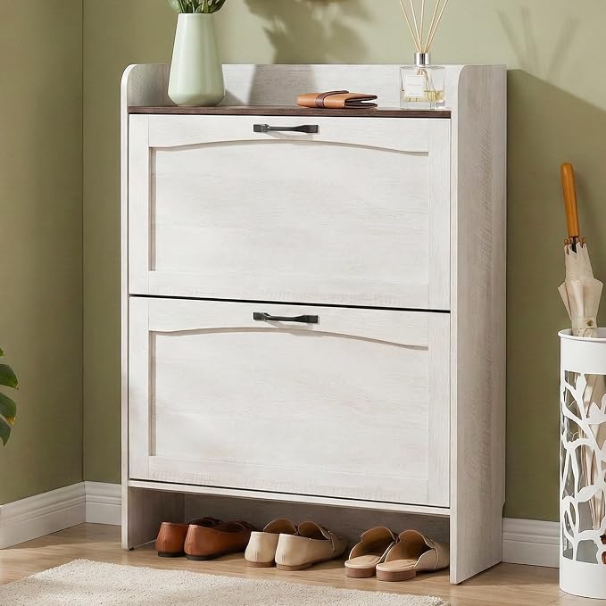 Narrow Shoes Storage Cabinet, Entryway Storage with 2 Flip Drawers, Farmhouse Shoe Organizer with Removable Shelves, Anti-Drop Top Fence, 40.4H x 31.4W (Warm White Grayish) by TRONLEE