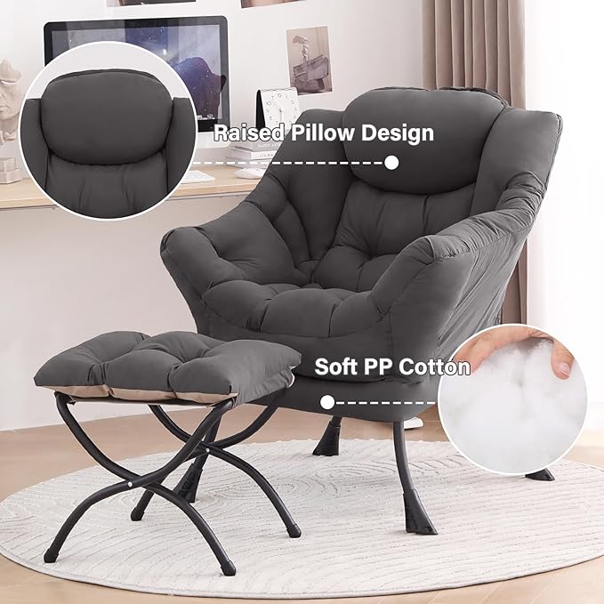 Tiita Lazy Chair with Ottoman, Modern Large Accent Lounge Chair, Leisure Sofa Armchair with Ottoman, Reading Chair with Footrest for Bedroom, Living Room, Dorm Rooms, Garden Dark Grey
