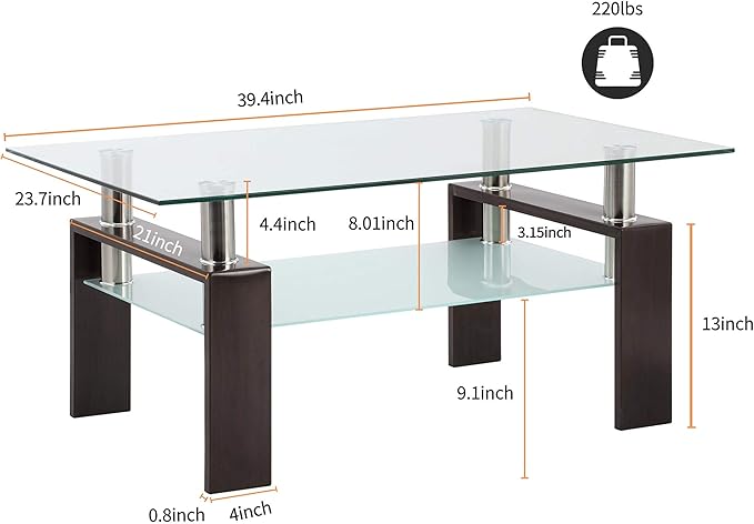 IANIYA Black Walnut Rectangle Tempered Glass Coffee Table Metal Tube Legs End Table for Livingroom