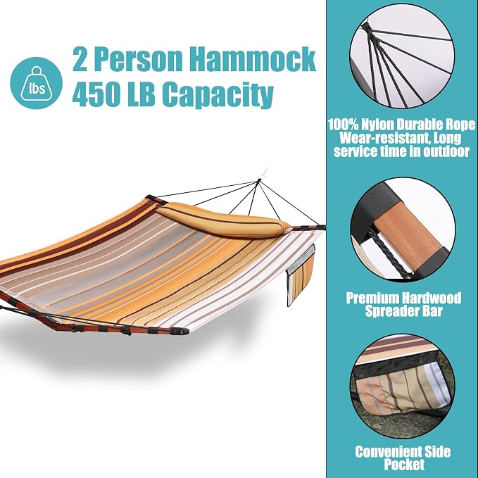 TegerDeger 12FT 2 Person Hammock Large Hammock 450LB Capacity with V Shaped Hardwood Spreader Bar & Nylon Rope for Outside, Patio, Garden, Backyard, Beach, Poolside - Fall Yellow Stripes - Image 4
