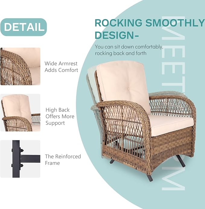 MEETWARM 7 Pieces Outdoor Patio Rattan Furniture Sets, All Weather Patio Wicker Conversation Set- 2 Rocking Glider, 2 Swivel Chairs, 1 Loveseat Glider with Cushions, 2 Glass-Top Coffee Table, Beige