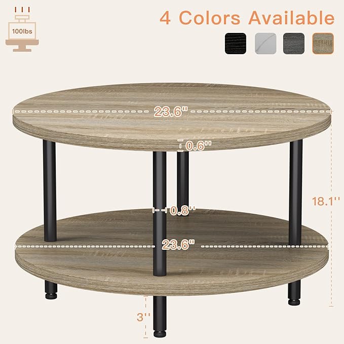Coffee Table, 2 Tier Coffee Tables for Living Room, Round Coffee Table with Storage, Floor Table for Bedroom, Home Office, Nature Brown (23.6" D x 18.1" H)