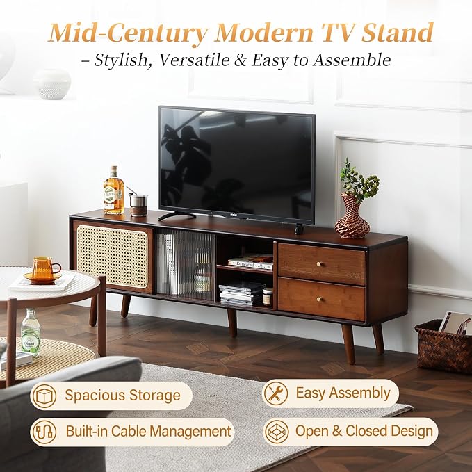 Tiita Rattan TV Stand for 55 65 Inch TV, Bamboo TV Cabinet with 2 Drawers, Boho Entertainment Center with Adjustable Shelf, Mid Century Modern Media Console for Bedroom, Living Room, Walnut - Image 3