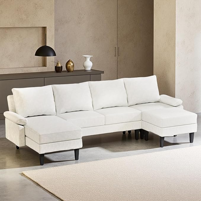 Sectional Couches for Living Room, Convertible 4 Seat Modular Sectional Sofa Set for Living Room, L Shaped Couch or U Shaped Couch with Ottoman for Apartment, White