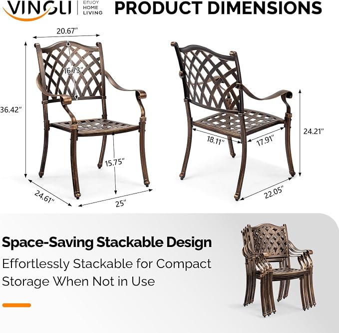 VINGLI Patio Chairs Set of 4 - Stackable Outdoor Cast Aluminum Dining Chairs with Vintage Bronze Finish and Diamond Pattern, Metal Armchairs for Poolside, Backyard, Balcony (No Cushion) - Image 3