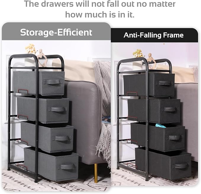 MAX Houser 4 Drawer Narrow Dresser Fabric Storage Tower Vertical Slim Storage Chest Organizer Nightstand Side/End Table Small Standing Organizer Removable Drawers Wood Top for Bedroom, Bathroom（Black) - Image 4