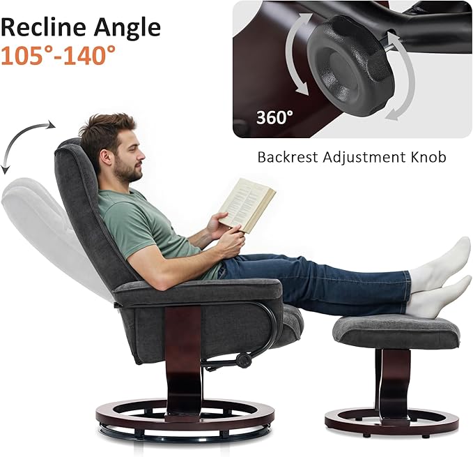 MCombo Manual Swivel Recliner with Ottoman, Chair Ottoman Set for RV Small Spaces, Living Room, Bedroom, Office 4919 (Chenille, Grey)