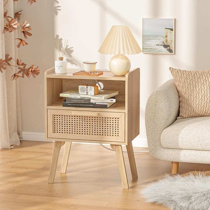 Lerliuo Rattan Nightstand with Charging Station, Boho Night Stand with Handmade Natural Rattan Drawer and Open Shelf, Cane Accent Side End Tables with Solid Wood Legs for Bedroom, Dorm, Small Spaces - Image 9