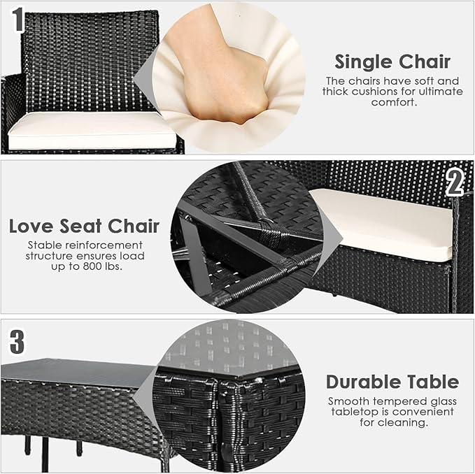 8 Pieces Patio Furniture Set, Outdoor Conversation Set with Ergonomic Curved Backrest, Patio Chair Set with Water-Resistant Cushion & Tempered Glass Table for Balcony,Porch,Poolside(Beige)