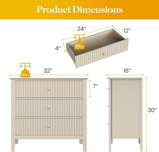 May in Color Large Beige 3 Drawer Dresser, Painted 30 Inch Tall Wood Nightstand with Storage, Wide Modern Chest of Drawers with Ball Bearing Slide for Bedroom Hallway Living Room Entryway Office - Image 2