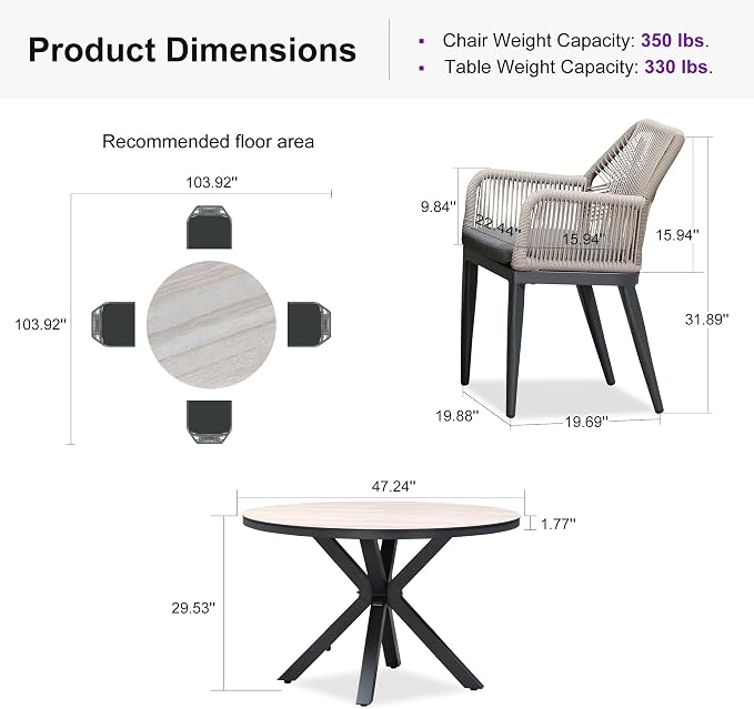 PURPLE LEAF 5 Pieces Patio Round Dining Set Aluminum Oversize Round Table and Rattan Arm Chairs with Cushions for Kitchen Porch Garden Modern Outdoor Furniture Sets, Beige and Dark Grey - Image 9