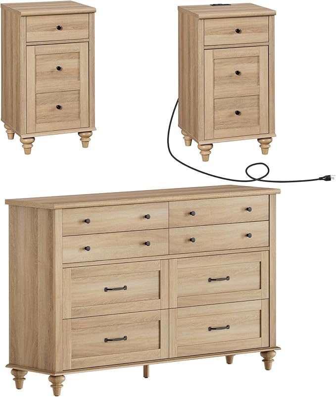 WAMPAT 3 Piece Bedroom Set - Includes 8 Drawer Dresser, Set of 2 Night Stands with Charging Station & Storage Cabinet, 3 Piece Dresser and Nightstand Sets, Oak
