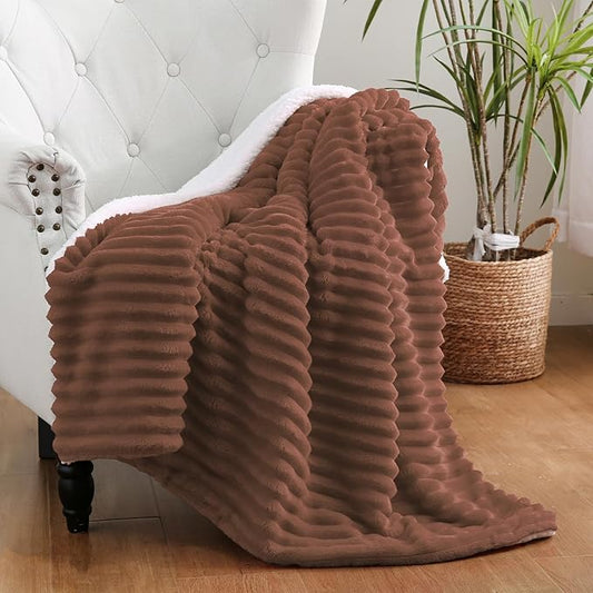 Chocolate Sherpa Fleece Throw Blanket 50”×60” for Couch Sofa Bed,Super Soft Cozy Plush Double Side Thick Flannel Blanket with Striped Design Lightweight for Adults,Woman,Girls