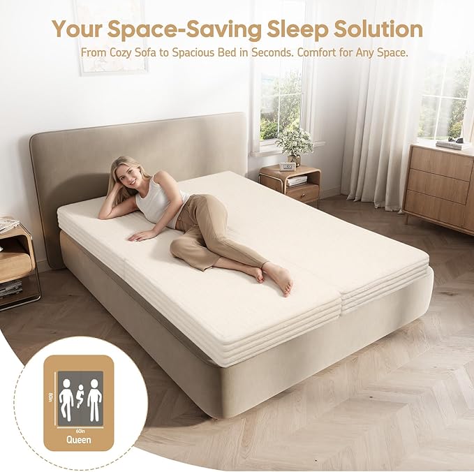 MeMoreCool Convertible Sofa Bed, Folding Floor Couch Bed Queen, Pull Out Sleeper Couch with Pillows, Fold Out Futon Sofa for Bedroom Living Room Small Space, Soft Corduroy