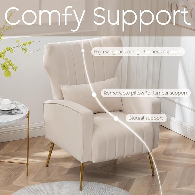 Modern Accent Chair Upholstered Living Room Chair,High Back Arm Chair with Metal Legs Lumbar Reading Chair for Bedroom, Apartment, Small Spaces Velvet Beige
