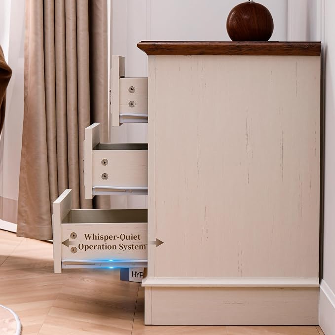 Farmhouse Night Stand with Charging Station, Bedside Table with 3 Drawers Storage and Outlets, Wood Nightstand for Bedroom, Living Room, Closet (White) - Image 4