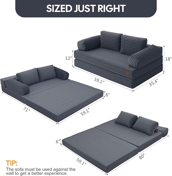 MeMoreCool Convertible Sofa Bed, Folding Floor Couch Bed Queen, Pull Out Sleeper Couch with Pillows, Fold Out Futon Sofa for Bedroom Living Room Small Space, Corduroy Grey
