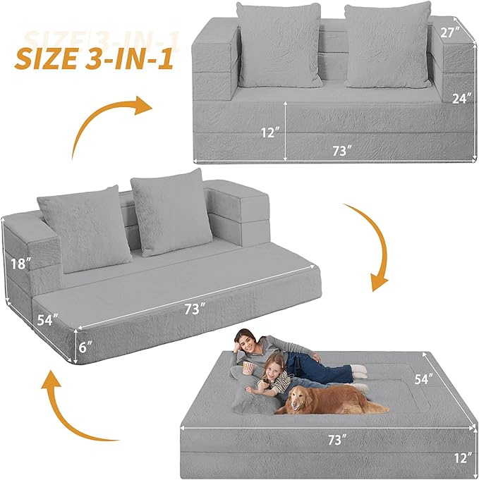 Futon Sofa Bed with Pillow, 3-in-1 Sleeper Sofa Bed with Removable Cover, Convertible Floor Sofa Bed, No Assembly Boneless Couch for Living Room, Bedroom