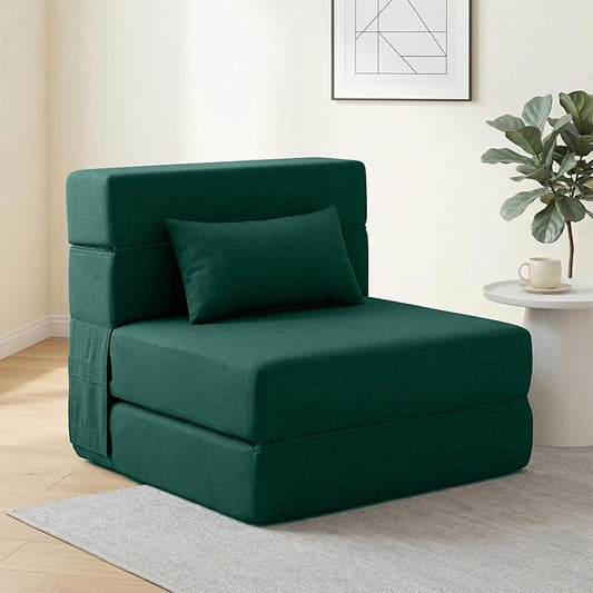 Folding Sofa Bed with Pillow- Convertible Chair Floor Couch & Sleeping Mattress, Foldable Memory Foam Sleeper for Living Room/Dorm/Guest Room/Home Office/Apartment/Loft, Single28, Dark Green