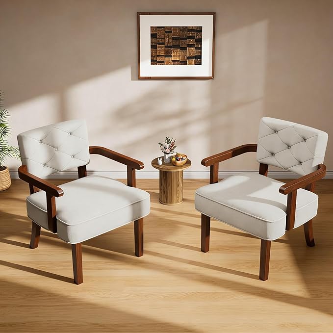 Modern Accent Chairs Set of 2,Butacas para Sala,Mid Century Small Arm Chair,Upholstered Wooden Chairs with Arm Rest,Tufted Backrest,Cushion, for Office,Waiting/Reading/Living Room, Beige
