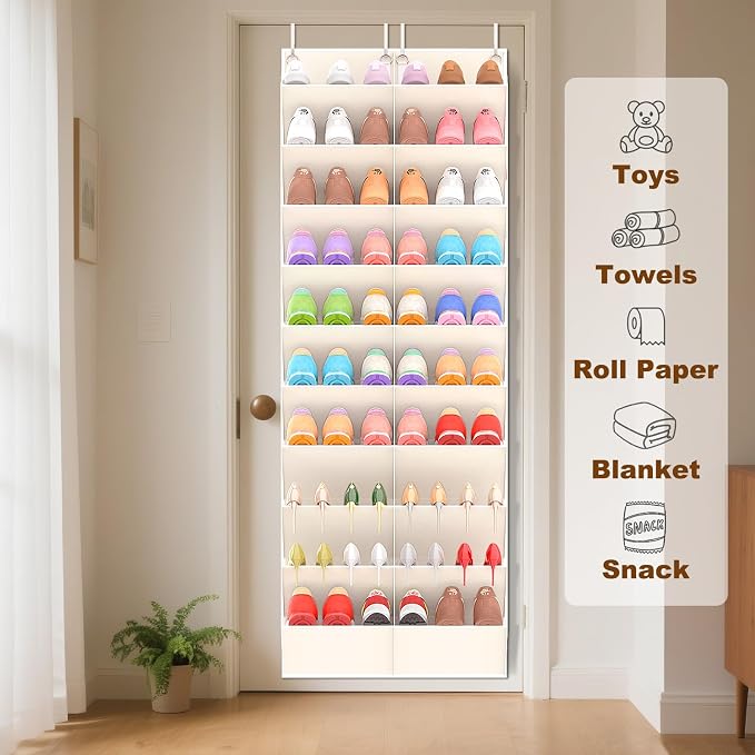 UVIAHOMI 20-30 Pairs Over the Door Shoe Organizer, Clear Pockets Hanging Shoe Storage for Closet, 10-Tier Door Shoes Rack, Handing Shoes Holder Fit All the Family's Sneakers, Boots, Heels, Beige - Image 6