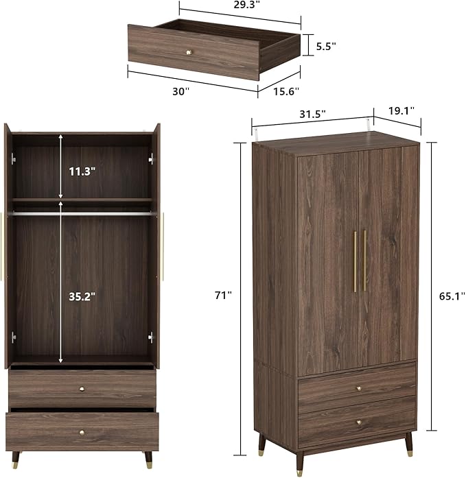 Hitow Wardrobe Armoire Closet with 2 Doors, Wardrobe Cabinet with 2 Drawers & Hanging Rod, Bedroom Armoire Clothes Organizer with Gold Handles, Type B Brown (31.5" W x 19.1" D x 65.1" H)