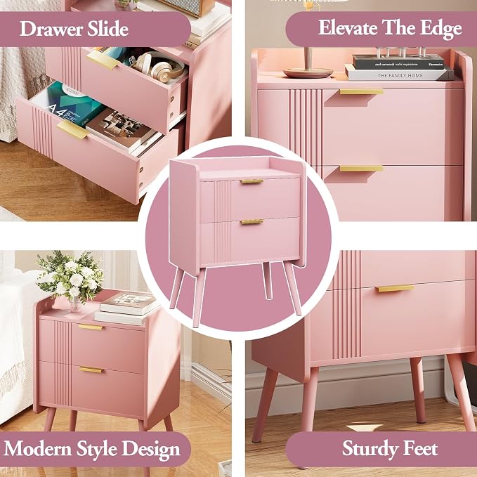 Aenuert Nightstand Modern Bedside Table with 2 Storage Drawer, Small Night Stand, Wooden Sofa Side Table for Bedroom,Study Room and Small Spaces (Pink) - Image 7